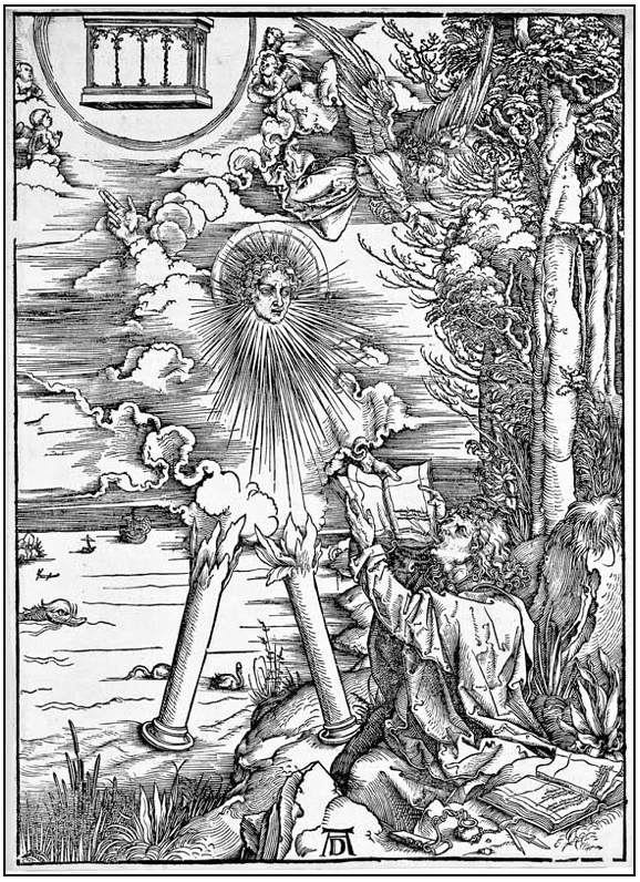 Albrecht Dürer. Apocalypsis cum Figuris. Xylographie (1496-1498) N°2/15: la Vision des 7 chandeliers