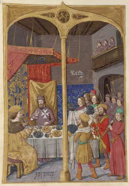 Le grand maître Pierre d'Aubusson reçoit le prince Zizim à sa table; 1482; Caoursin, Oeuvres; BnF, Ms latin n° 6067, f 186v