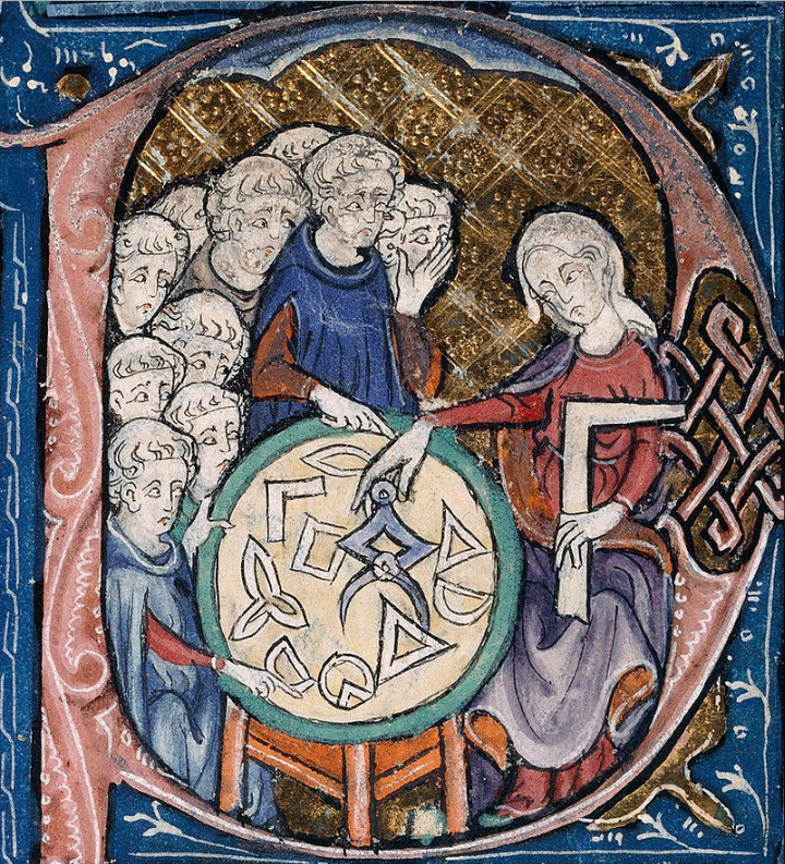 La Géométrie. Détail d'une lettre capitale P, au début des Éléments d'Euclide, traduction attribuée à Adélard de Bath, XIVe siècle
