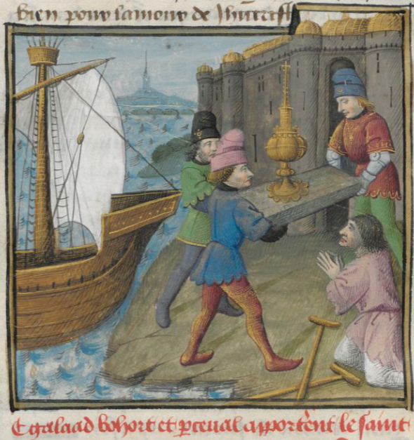 Galaad, Bohort et Perceval emportent le Graal dans la cité de Sarras.  Robert de Boron, Lancelot en prose (1470-1475);  BnF ms français 116, folio f.672r