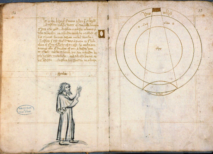 Merlin commente une éclipse de lune; illustration du Lapidario; compilation de textes astronomiques d'Alphonse le Sage (1221-1284); manuscrit copié en Angleterre vers 1400 