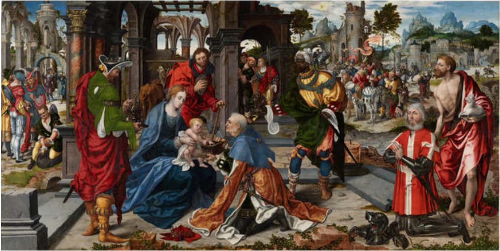 L'Adoration des Mages avec  Philippe de Villiers de l'Isle-Adam, grand-maître de l'ordre des hospitaliers, vers 1530, huile sur bois, 112,5 x 225,5 cm, non signé