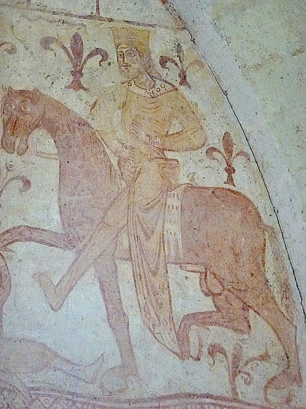 le cavalier couronné, détail de la fresque du mur ouest de la chapelle templière de Cressac-Dognon; photo JP Schmit