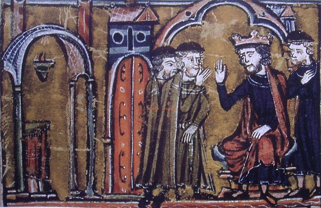 Baudouin II cédant une partie de son palais de Jérusalem à Hugues de Payns et Godefroy de Saint-Omer. Histoire d'Outre-Mer, Guillaume de Tyr, XIIIe siècle, Wikipedia
