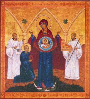 Les fondateurs de Cîteaux : Robert de Molesme, Aubry et Étienne Harding vénérant la Vierge Marie; source: Wikipedia