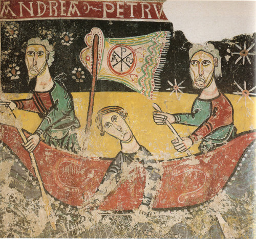 La Barque de l'Eglise; peinture murale de San Pedro de Sorpe; Barcelone; Musée National d'Art de Catalogne; source: Catalogne Romane; éditions Zodiaque