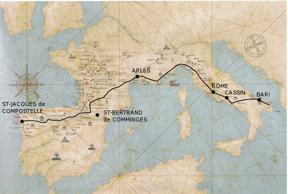chemin du grand pélerinage de Saint-Jacques en Occident; carte de Compostelle et l'Europe; editions SKIRA, avec notre rajout des étapes 