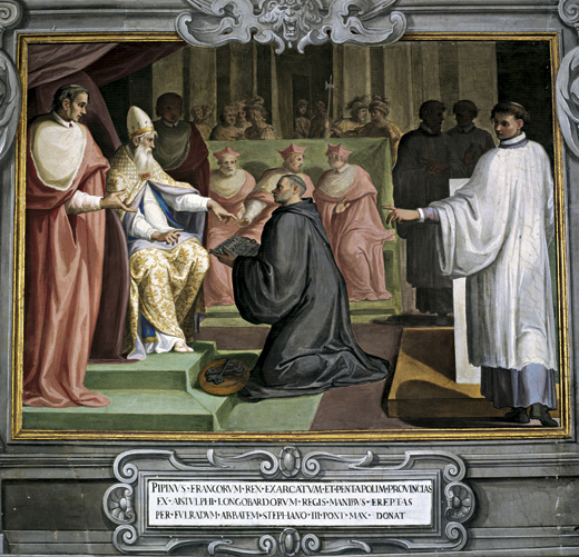 la donation de Pépin le Bref au Pape Etienne II (754), source: wikpedia