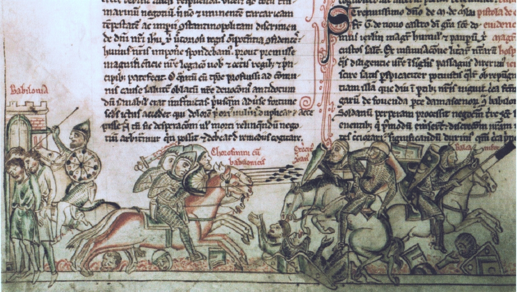 Enluminure de parchemin représentant la bataille de la Forbie, chroniques de Matthiew Paris, XIII° siècle; source: Wikipédia