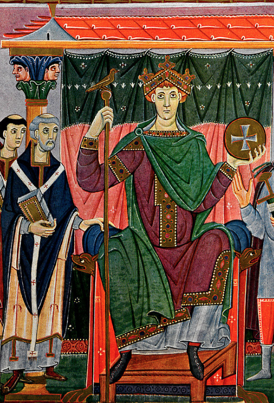 À gauche, Gerbert d'Aurillac pose sa main sur le trône d'Otton III; Détail de l'enluminure de l'abbaye de Reichenau; Évangéliaire d'Otton III, v. 1000, Bayerische Staatsbibliothek, Munich