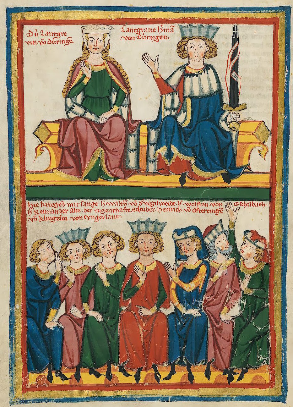 Concours de troubadours à la cour de la Wartbourg avec la présence de Wolfram von Eschenbach; in: codex Manesse; vers 1310