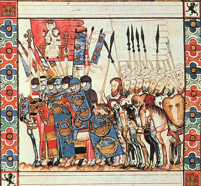 Chevaliers chrétiens et musulmans dans la même armée; in: les Cantigas de Santa Maria d'Alfons el Savi de Castella, XIII° siècle; source: Wikipédia
