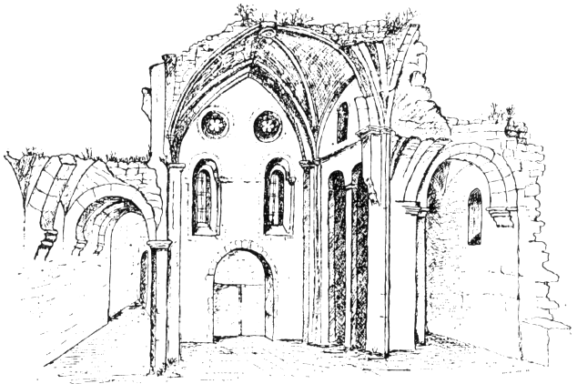 Église de l'abbaye cistercienne de Bonnefont avant démolition et transfert de la façade à l'église de Touille. Dessin du Docteur Rességuet; 1845.