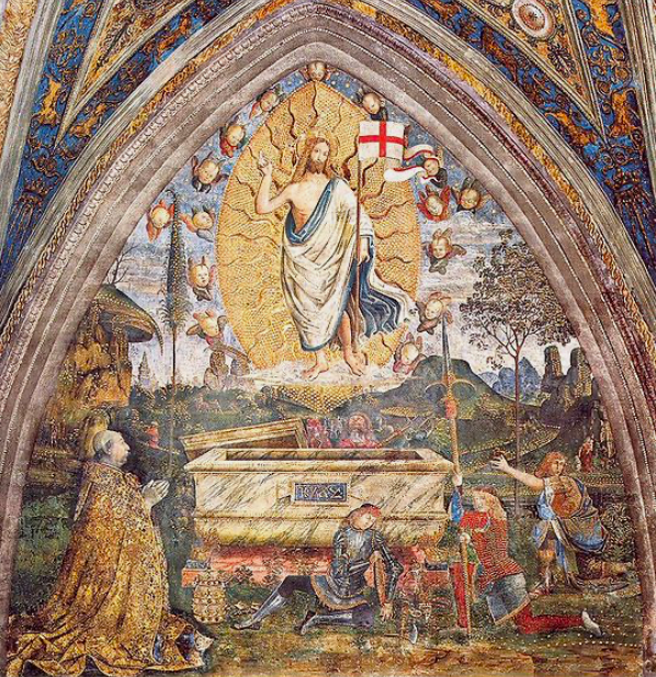 La Résurrection, avec la représentation du pape Alexandre VI en prière. Salle des Mystères de la foi Vatican; 1492-1494. Peintre: Pinturicchio.