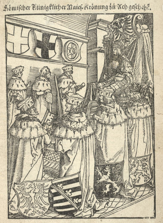 Élection et couronnement de Charles Quint à Aix-la-Chapelle; gravure sur bois; imprimeurs Sigmund Grim et Marx Wirsung; Augsburg; 1520; f. 1