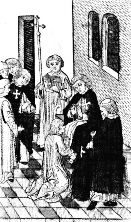 reception d'un frère hospitalier; Caoursin; Stabilimenta militia hierosolymitanum; Ulm; 1496, C3v°
