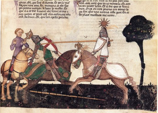 Combat du roi Baudemagus contre le chevalier blanc, Milan, vers 1380-1385, copié par Albertolus de Porcelis, BnF, manuscrit français 343, fol.10