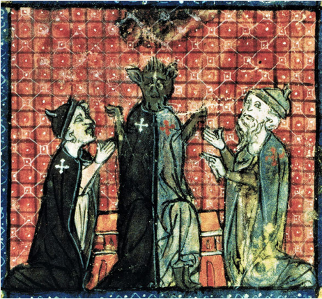 Saint-Père accepte que Renard gouverne les deux ordres, hospitalier (gauche) et templier (droite). Renart le nouvel de Jacquemars Gielée; fin du XIII° siècle; Bnf, français 372, f.59r