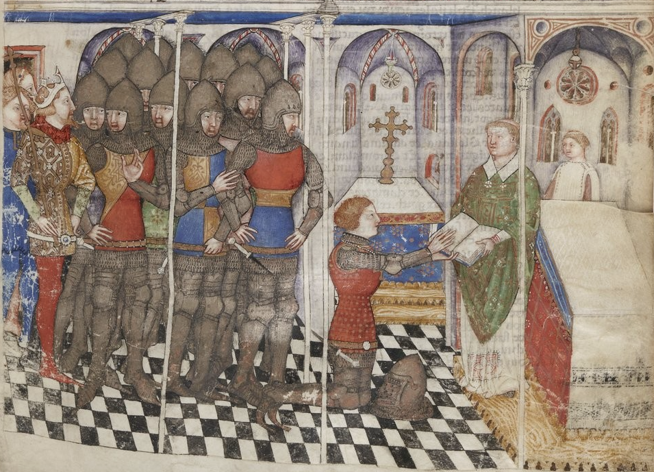 Galaad prête serment de maintenir la quête, Milan vers 1380-1385, copié par Albertolus de Porcelis, BnF, Manuscrit français 343, fol. 7
