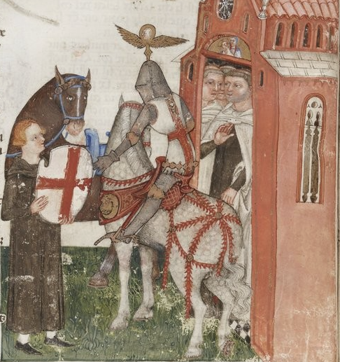 Galaad reçoit l'écu à croix vermeille, Milan, vers 1380-1385, copié par Albertolus de Porcelis, BnF, manuscrit français 343, fol.10v