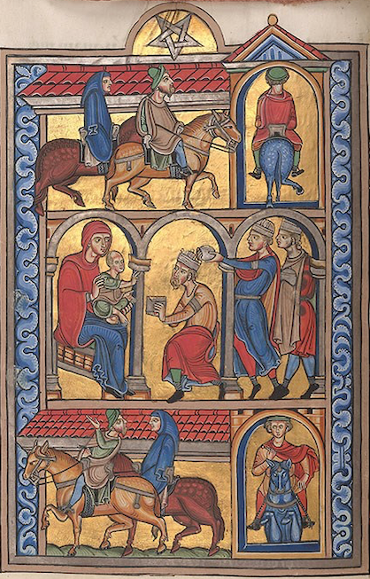 Sacramentaire de Berthold, Adoration des Mages, ms. M. 710; fol 19v silk lifted, abbaye de Weingarten, Allemagne, 1215-1217
