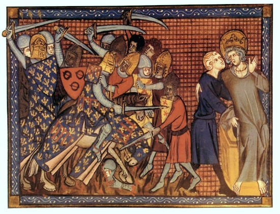 a bataille de la Mansourah en 1250. Vie et miracles de Saint Louis, Guillaume de Saint-Pathus, XIVe siècle, BnF.