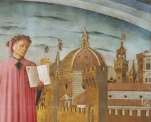 Domenico di Michelino, La Divina Commedia di Dante (Dante et la Divine Comédie). Fresque située dans la nef du Dôme de Florence, Italie.