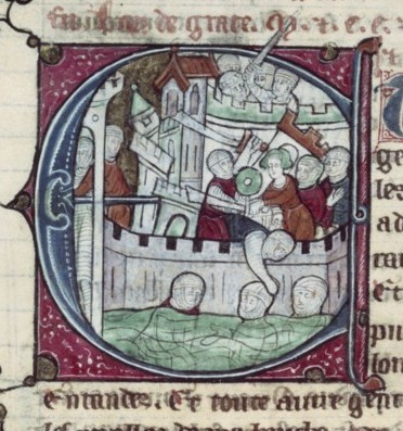 Siège de Saint-Jean-d'Acre en 1291. Lettrine historiée de l'Histoire d'outremer de Guillaume de Tyr, vers 1300, BNF.