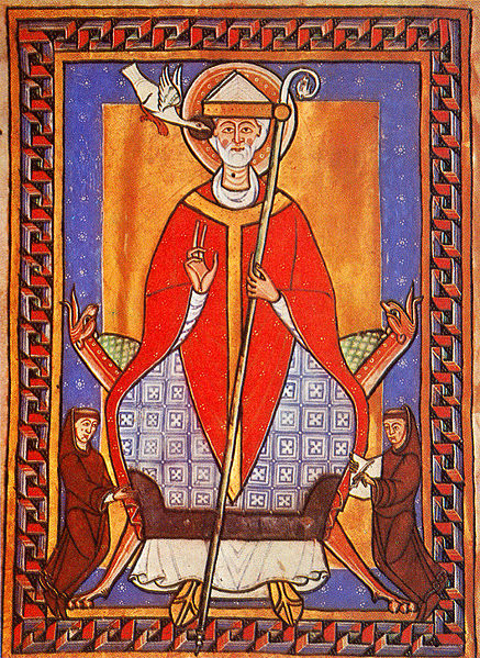 Grégoire VII entouré de deux moines; enluminure XIII° siècle