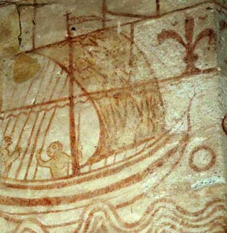 navire en route vers la terre du vrai soleil levant où pousse le lys des vallées; fresque de la chapelle templière de Cressac; source photo:http://www.insolite-asso.fr/spip.php?article138 